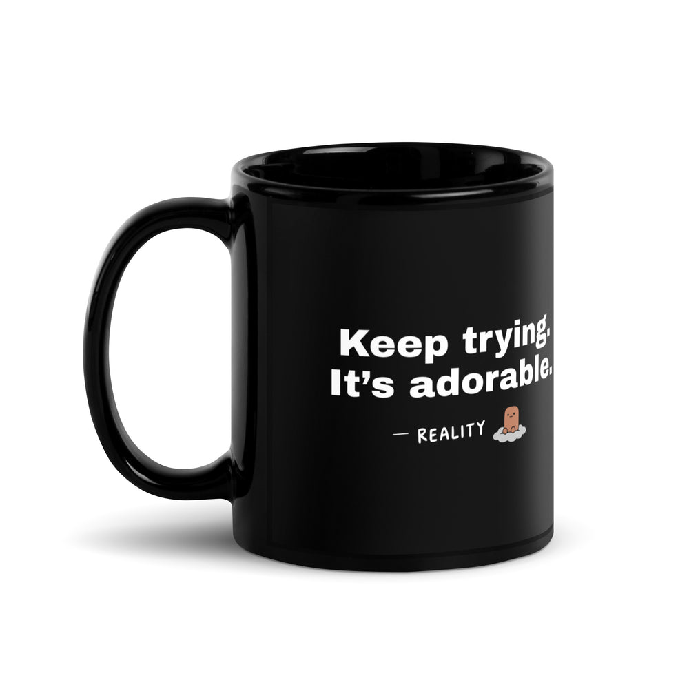 Reality — Saying Mug — black mug with saying, signature and character, view 3