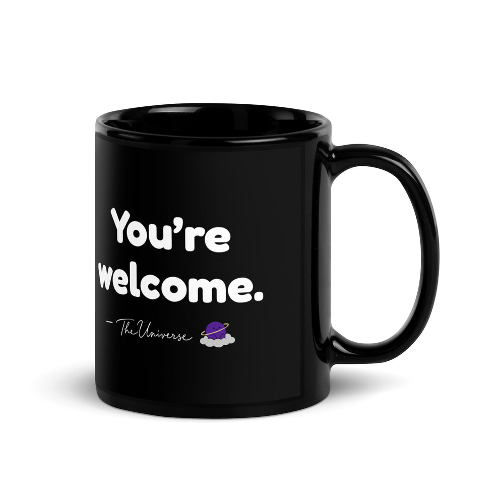 The Universe — Saying Mug — black mug with saying, signature and character, view 1