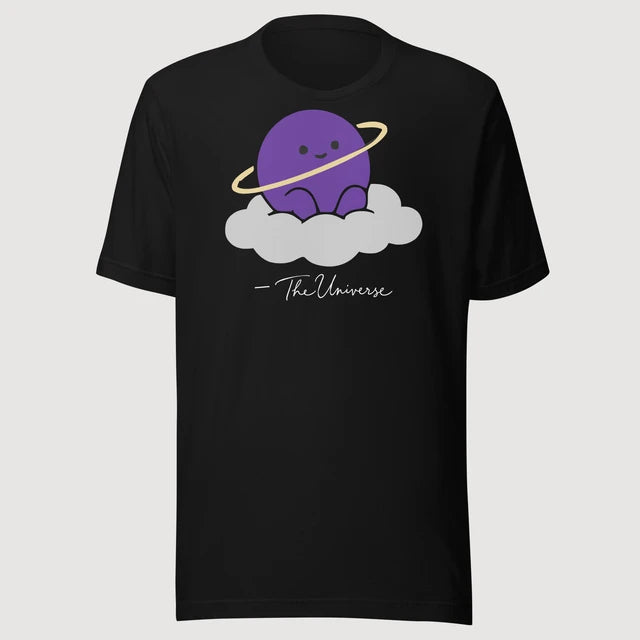 The Universe — Character Tee on a black Bella + Canvas 3001 T-shirt, front mockup