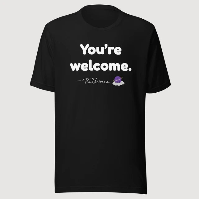The Universe — You’re welcome. on a black Bella + Canvas 3001 T-shirt, front mockup