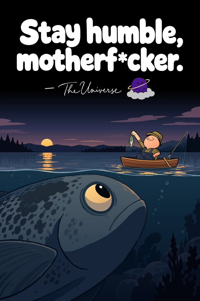 Fishing: a fisherman above a much larger fish beneath the boat
