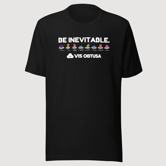 Be Inevitable — The Inevitables Tee on a black Bella + Canvas 3001 T-shirt, front mockup