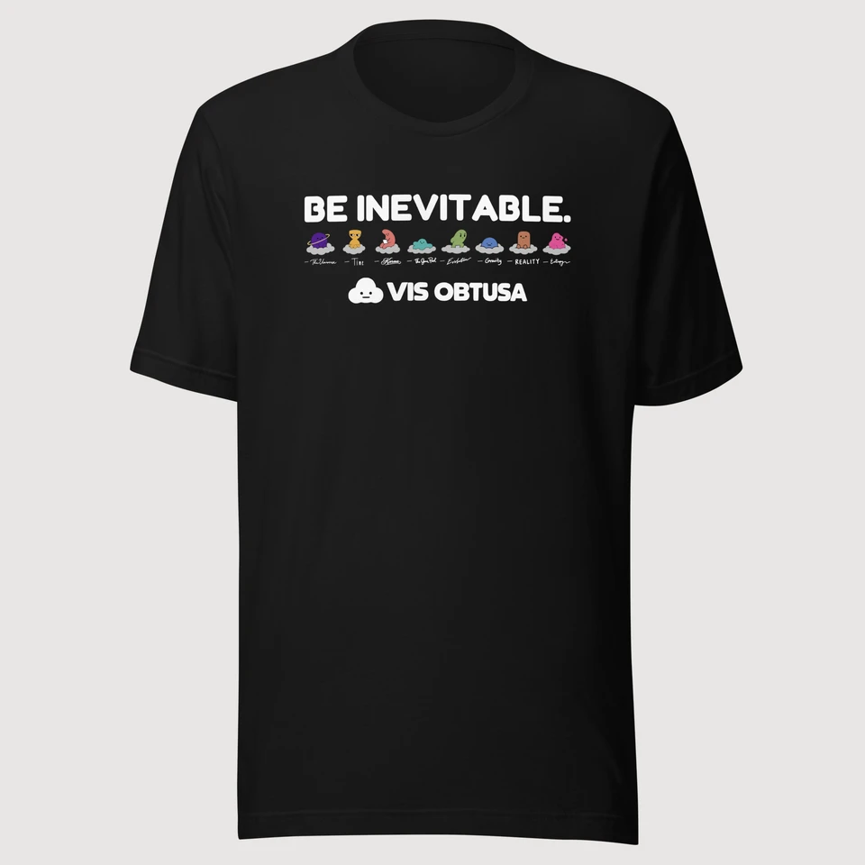 Be Inevitable — The Inevitables Tee on a black Bella + Canvas 3001 T-shirt, front mockup