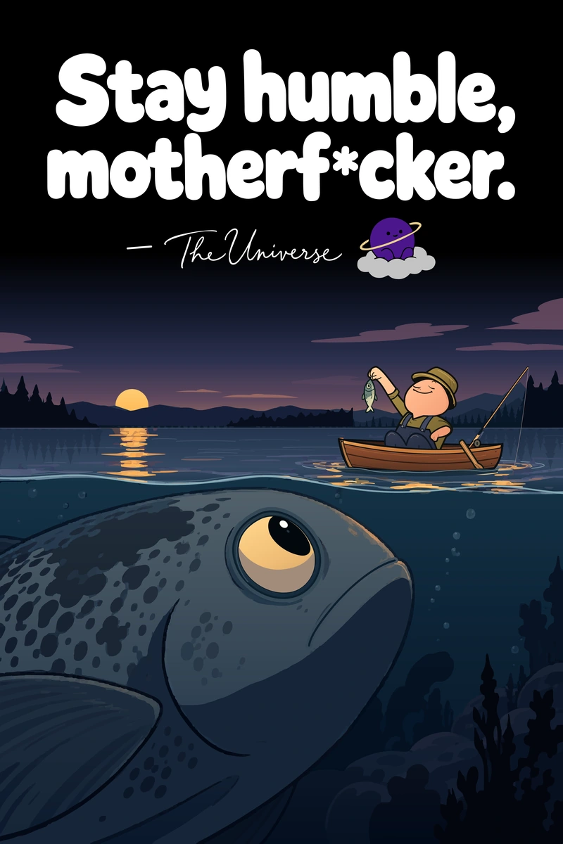 Stay humble, motherf*cker. — The Universe. A fisherman holds a small catch above an enormous fish beneath the boat. Complete poster with attribution dash, signature and Universe mascot.
