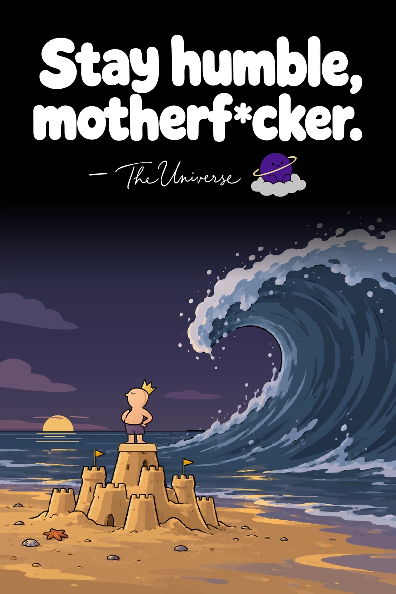 Stay humble, motherf*cker. — The Universe. A crowned figure on a sandcastle faces away from a towering wave. Complete poster with attribution dash, signature and Universe mascot.
