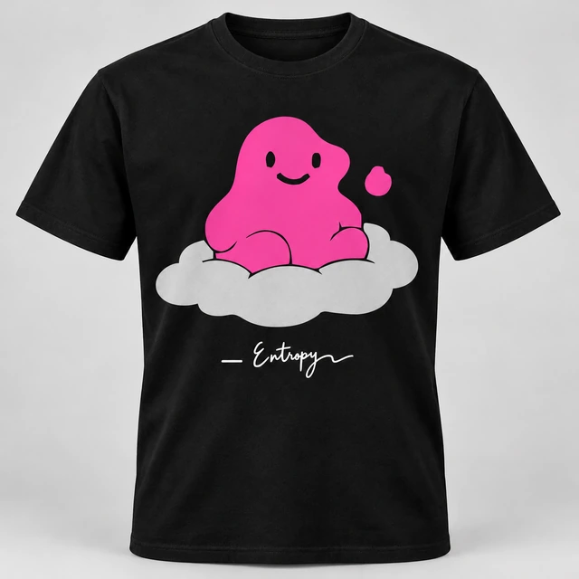 A black crewneck T-shirt mockup featuring a large Entropy mascot on the front with its signature underneath. Complete shirt shown against the supplied studio background.