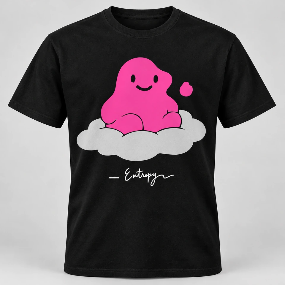 A black crewneck T-shirt mockup featuring a large Entropy mascot on the front with its signature underneath. Complete shirt shown against the supplied studio background.