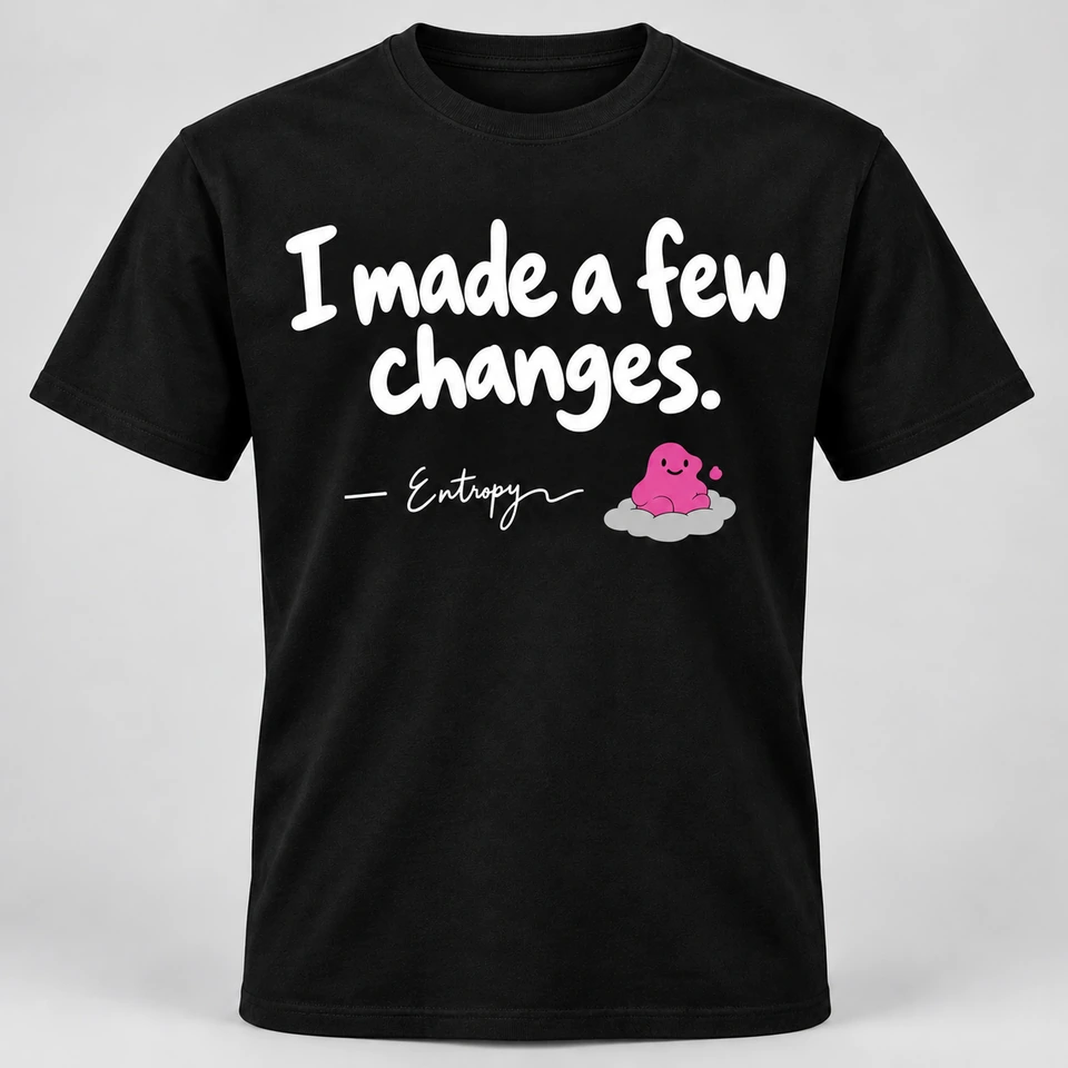 A black crewneck T-shirt mockup with “I made a few changes.” across the front, with a smaller attribution dash, signature and Entropy mascot beneath. Complete shirt shown against the supplied studio background.