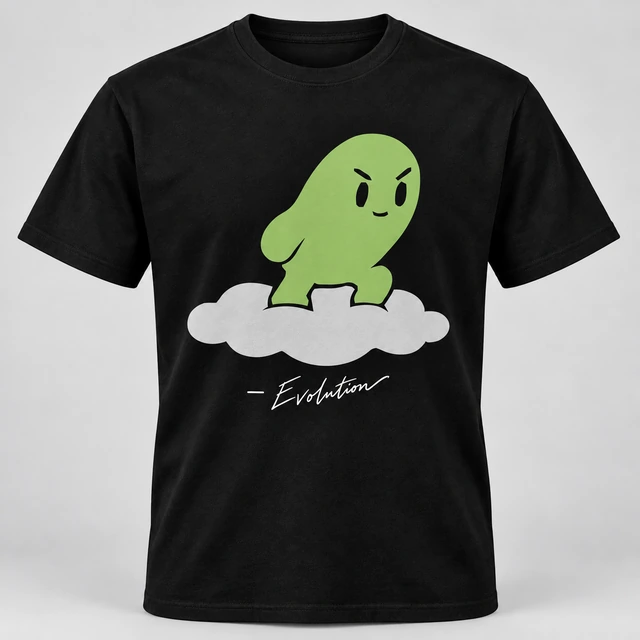 A black crewneck T-shirt mockup featuring a large Evolution mascot on the front with its signature underneath. Complete shirt shown against the supplied studio background.