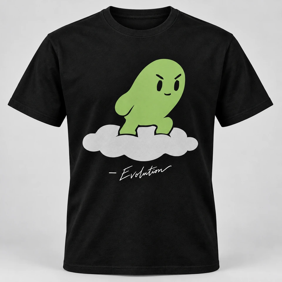 A black crewneck T-shirt mockup featuring a large Evolution mascot on the front with its signature underneath. Complete shirt shown against the supplied studio background.