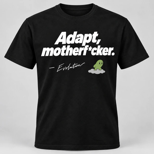 A black crewneck T-shirt mockup with “Adapt, motherf*cker.” across the front, with a smaller attribution dash, signature and Evolution mascot beneath. Complete shirt shown against the supplied studio background.