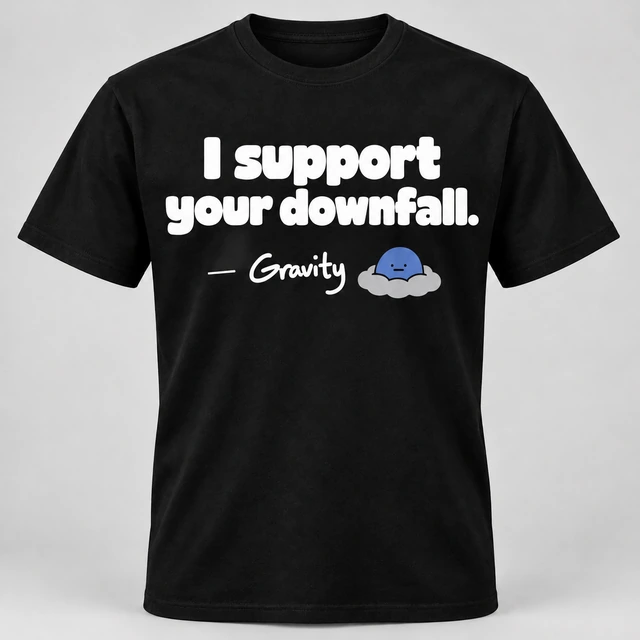 A black crewneck T-shirt mockup with “I support your downfall.” across the front, with a smaller attribution dash, signature and Gravity mascot beneath. Complete shirt shown against the supplied studio background.