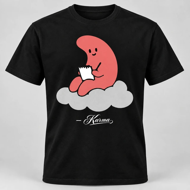 A black crewneck T-shirt mockup featuring a large Karma mascot on the front with its signature underneath. Complete shirt shown against the supplied studio background.