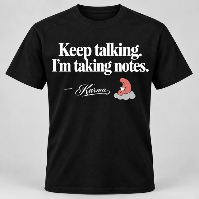 A black crewneck T-shirt mockup with “Keep talking. I’m taking notes.” across the front, with a smaller attribution dash, signature and Karma mascot beneath. Complete shirt shown against the supplied studio background.