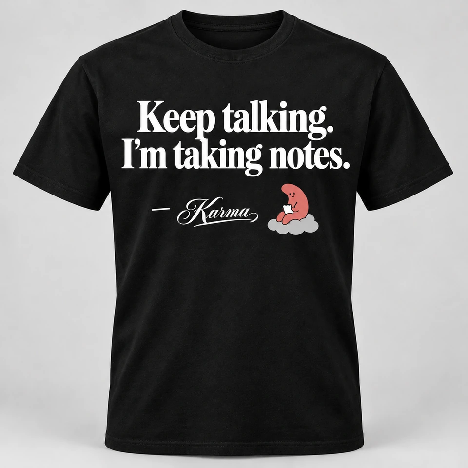 A black crewneck T-shirt mockup with “Keep talking. I’m taking notes.” across the front, with a smaller attribution dash, signature and Karma mascot beneath. Complete shirt shown against the supplied studio background.