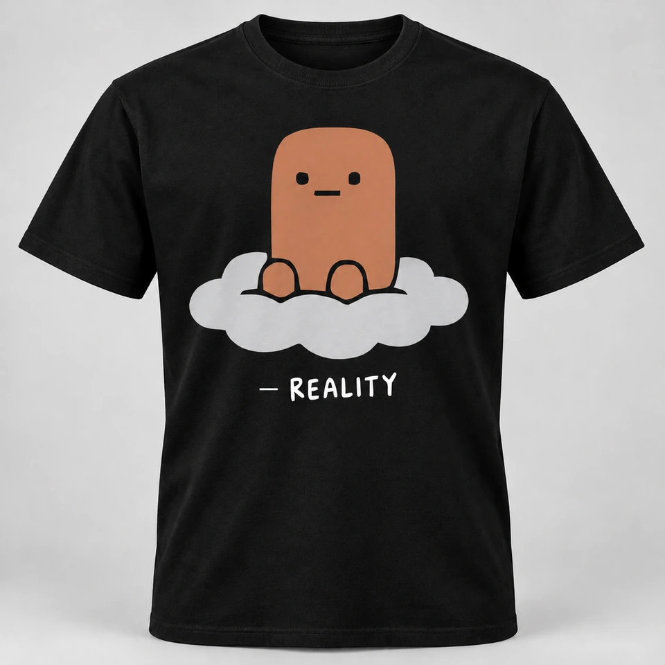 A black crewneck T-shirt mockup featuring a large Reality mascot on the front with its signature underneath. Complete shirt shown against the supplied studio background.