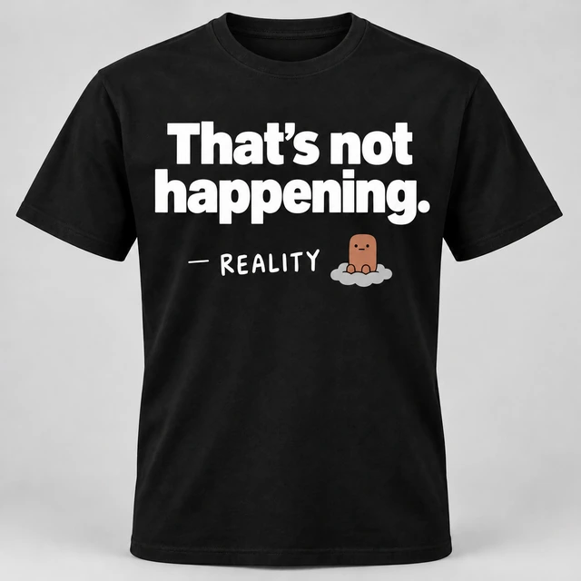 A black crewneck T-shirt mockup with “That’s not happening.” across the front, with a smaller attribution dash, signature and Reality mascot beneath. Complete shirt shown against the supplied studio background.