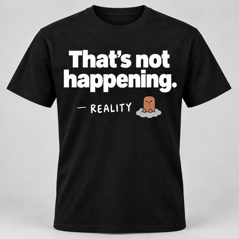 A black crewneck T-shirt mockup with “That’s not happening.” across the front, with a smaller attribution dash, signature and Reality mascot beneath. Complete shirt shown against the supplied studio background.