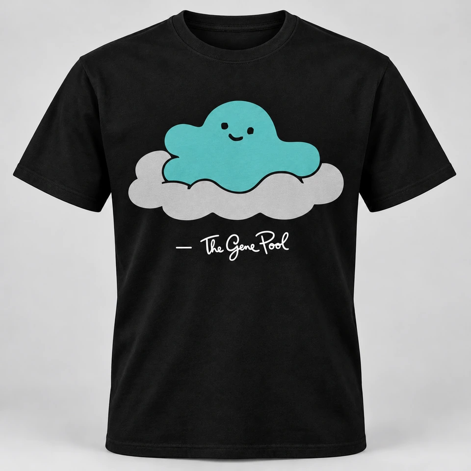 A black crewneck T-shirt mockup featuring a large The Gene Pool mascot on the front with its signature underneath. Complete shirt shown against the supplied studio background.