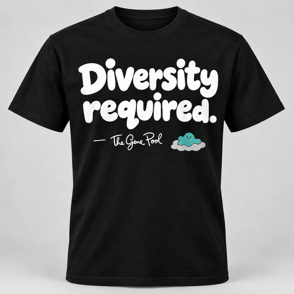 A black crewneck T-shirt mockup with “Diversity required.” across the front, with a smaller attribution dash, signature and The Gene Pool mascot beneath. Complete shirt shown against the supplied studio background.