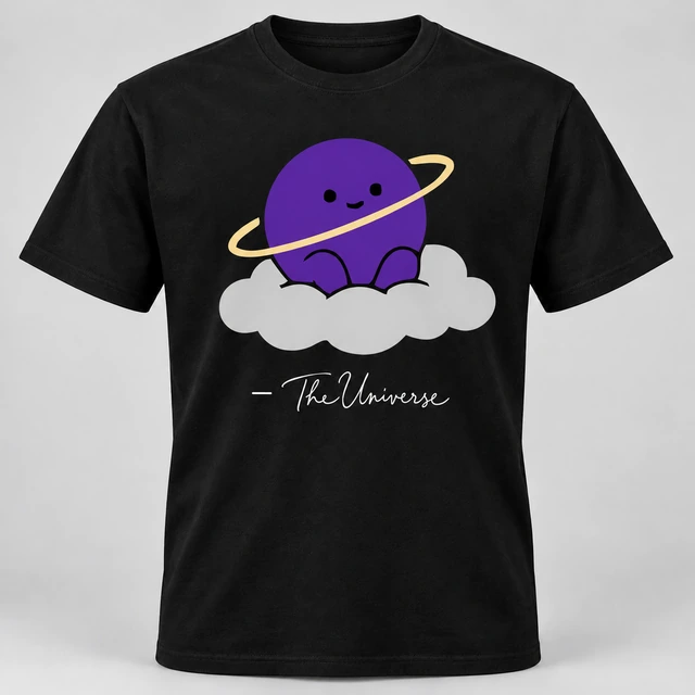 A black crewneck T-shirt mockup featuring a large The Universe mascot on the front with its signature underneath. Complete shirt shown against the supplied studio background.