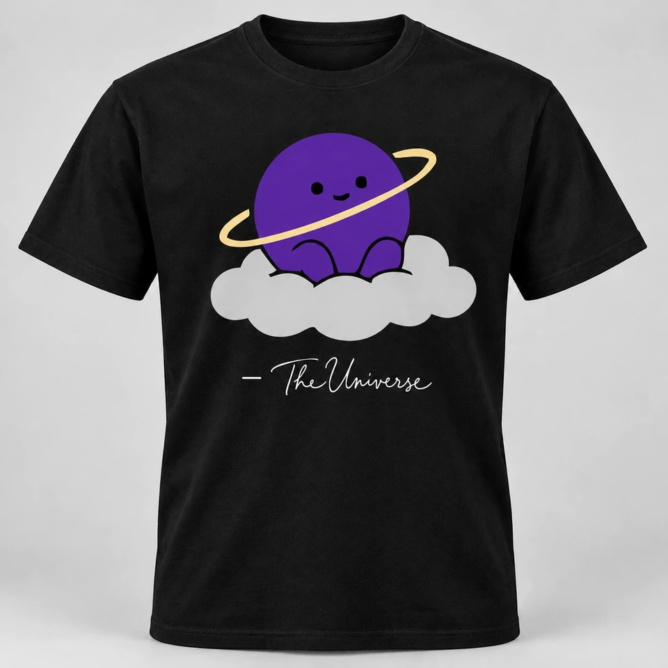 A black crewneck T-shirt mockup featuring a large The Universe mascot on the front with its signature underneath. Complete shirt shown against the supplied studio background.