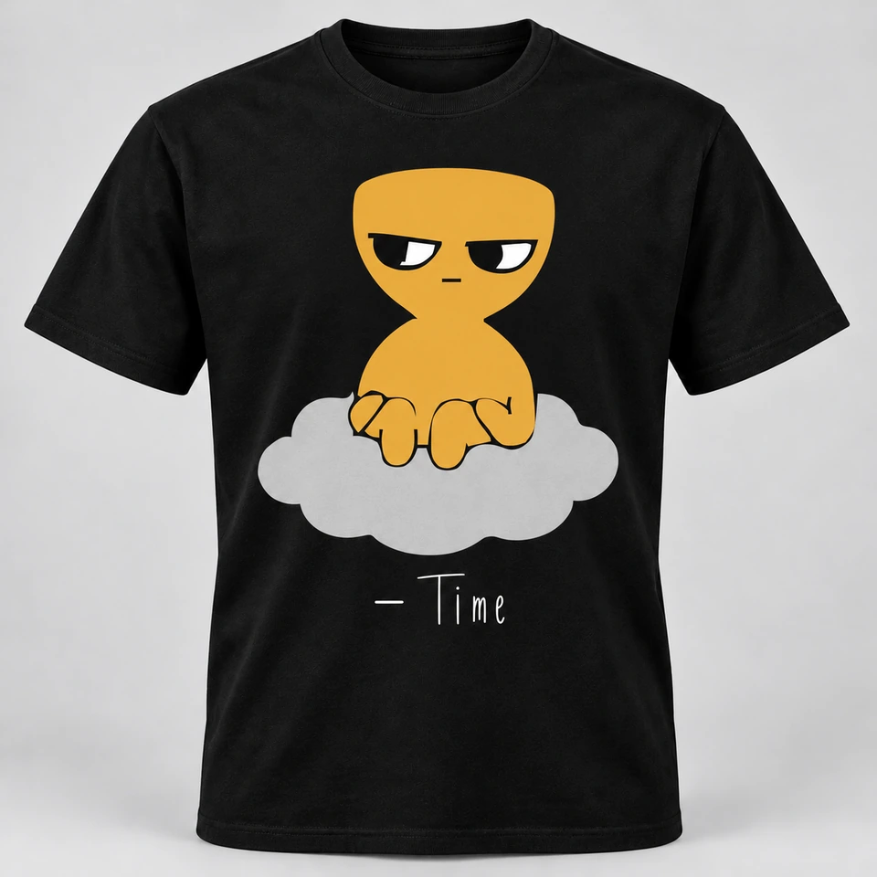 A black crewneck T-shirt mockup featuring a large Time mascot on the front with its signature underneath. Complete shirt shown against the supplied studio background.