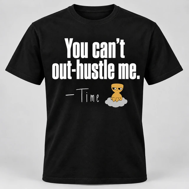 A black crewneck T-shirt mockup with “You can’t out-hustle me.” across the front, with a smaller attribution dash, signature and Time mascot beneath. Complete shirt shown against the supplied studio background.