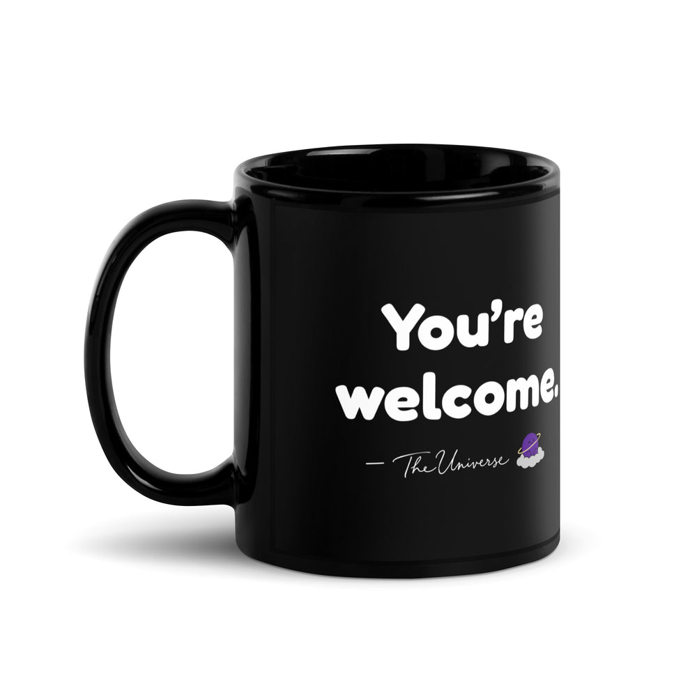 The Universe — Saying Mug — black mug with saying, signature and character, view 3