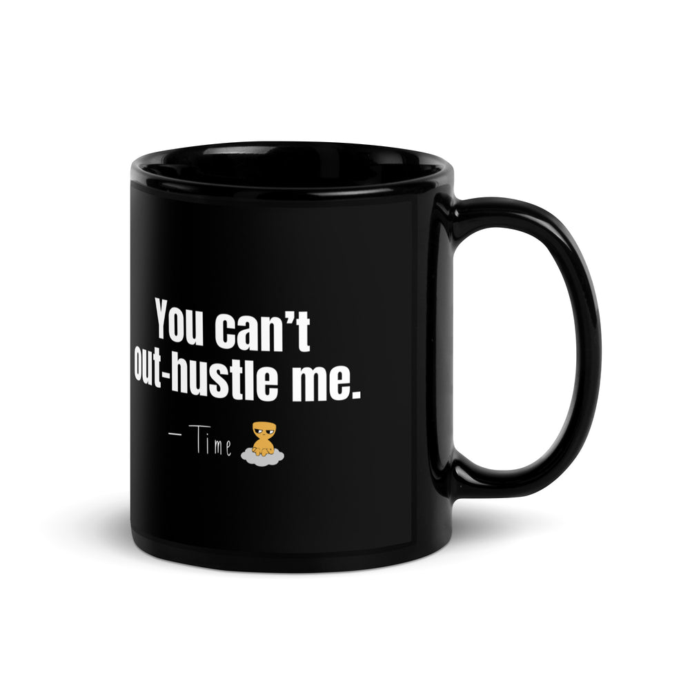 Time — Saying Mug — black mug with saying, signature and character, view 1