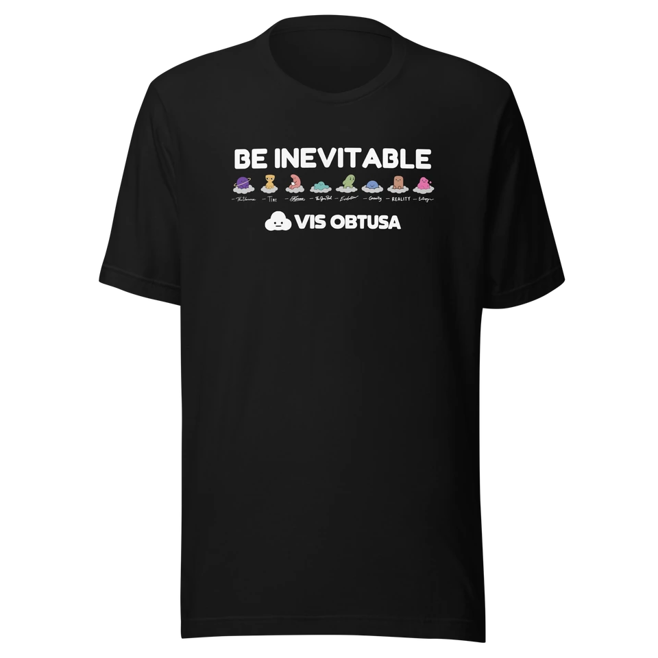 Be Inevitable — The Inevitables Tee on a black Bella + Canvas 3001 T-shirt, front mockup