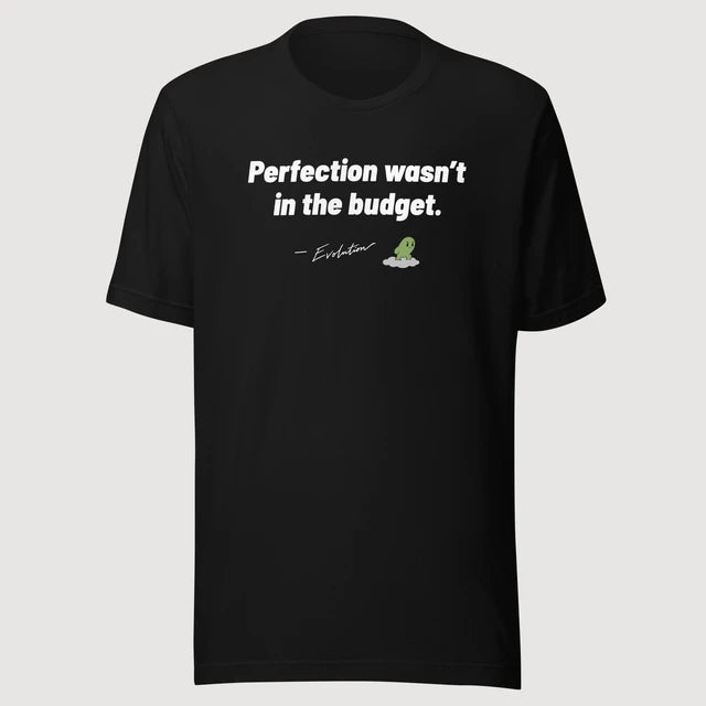 Evolution — Perfection wasn’t in the budget. on a black Bella + Canvas 3001 T-shirt, front mockup