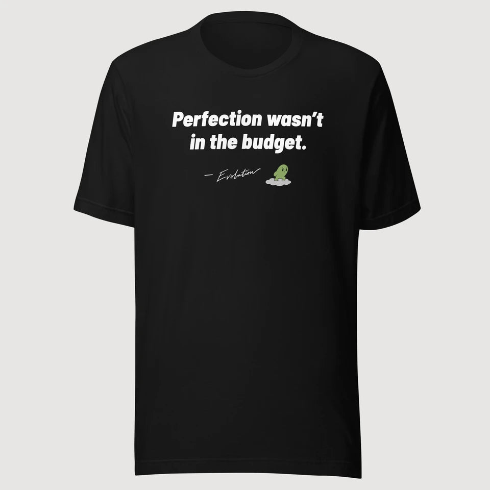Evolution — Perfection wasn’t in the budget. on a black Bella + Canvas 3001 T-shirt, front mockup
