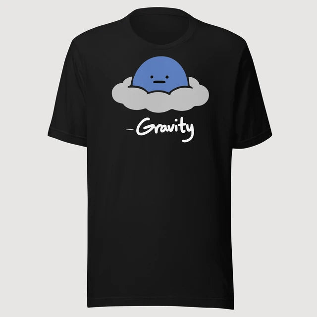 Gravity — Character Tee on a black Bella + Canvas 3001 T-shirt, front mockup