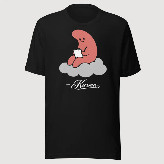Karma — Character Tee on a black Bella + Canvas 3001 T-shirt, front mockup