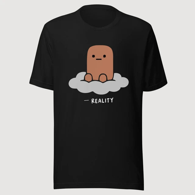 Reality — Character Tee on a black Bella + Canvas 3001 T-shirt, front mockup