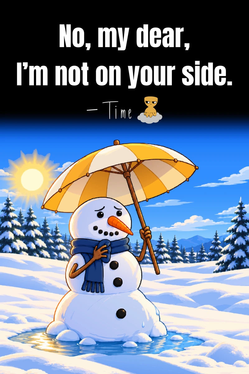 No, my dear, I’m not on your side. — Time. A melting snowman shelters beneath a yellow umbrella.